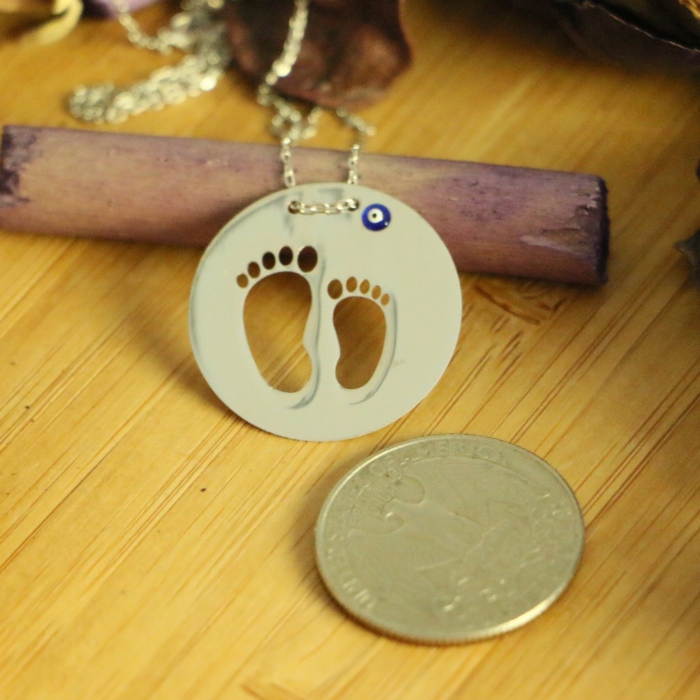 925 Sterling Silver baby feet & Evil  Necklace - Picture 3 of 7